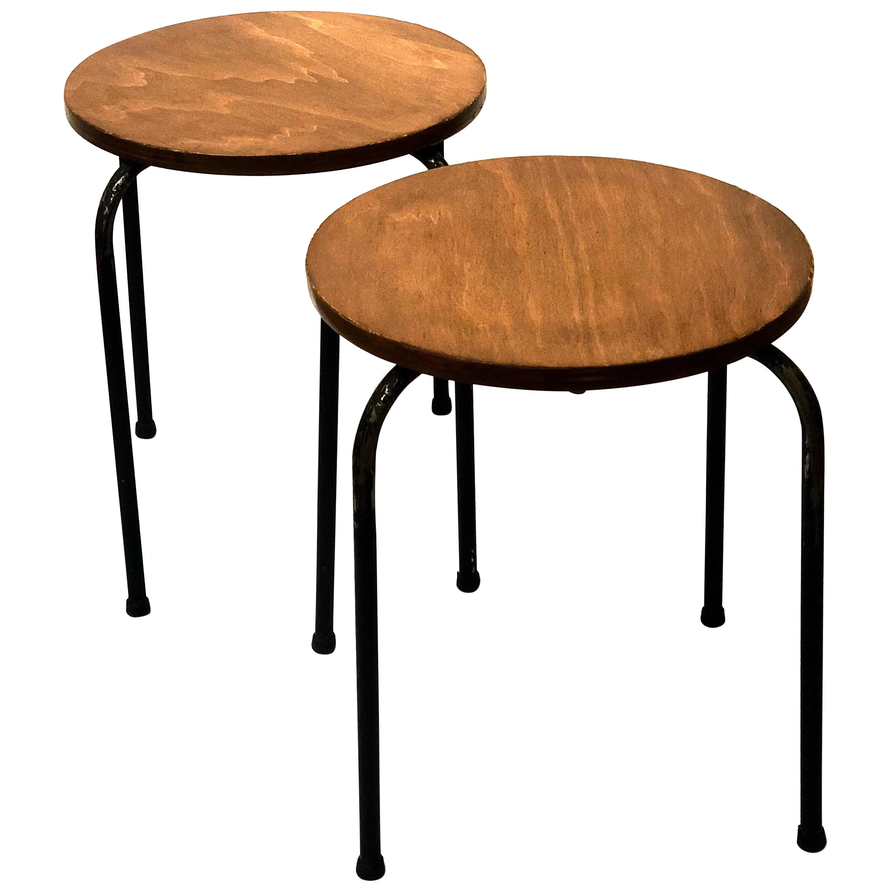 Pair of Midcentury Stools Tubular Metal Legs Stackable