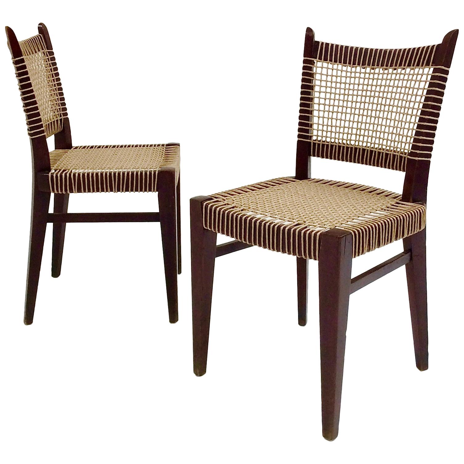 Pair of Midcentury Straw and Wood Chairs, circa 1950, France