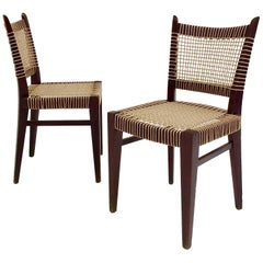 Pair of Midcentury Straw and Wood Chairs, circa 1950, France