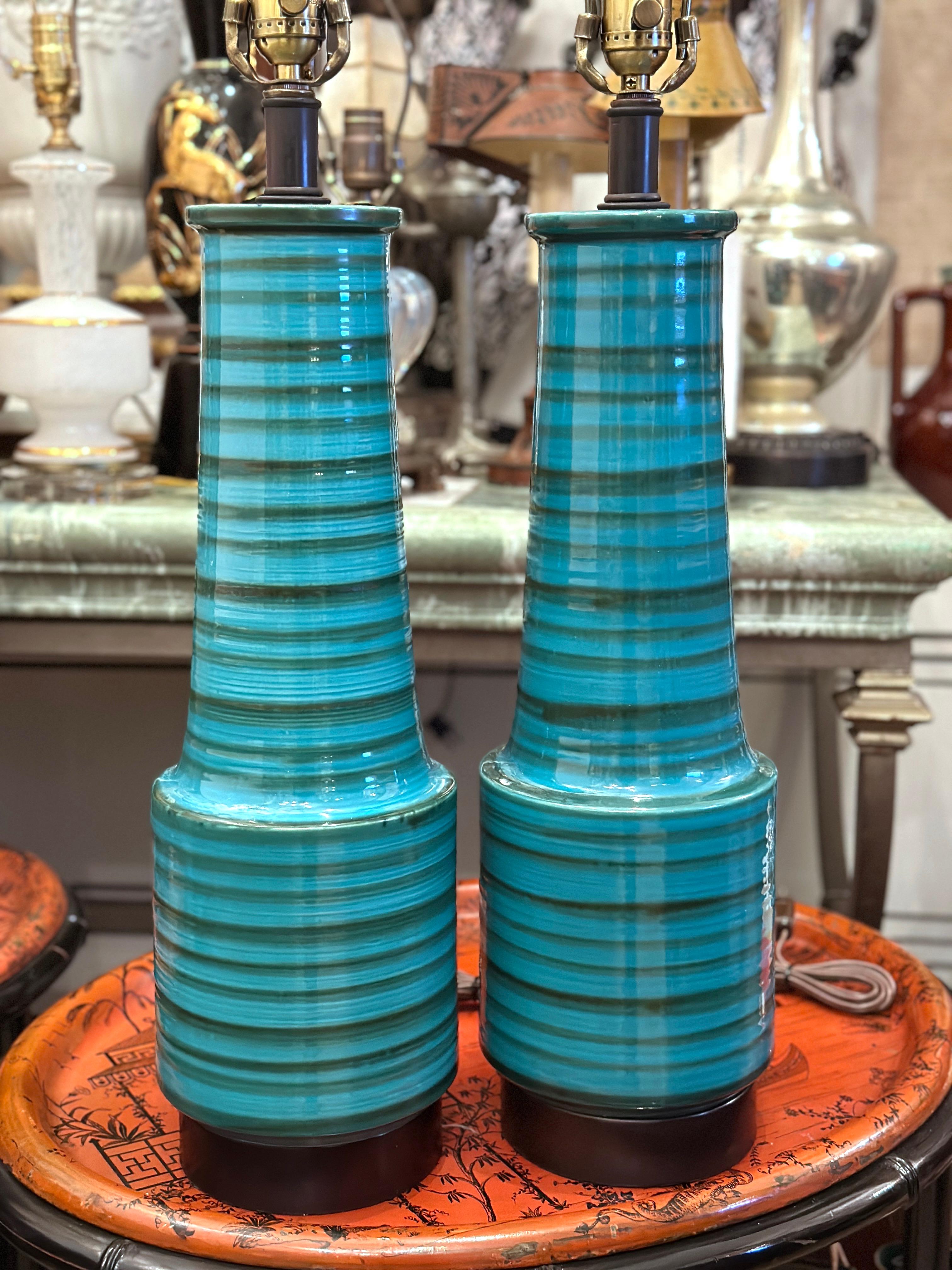 Mid-20th Century Pair of Midcentury Striped Blue Table Lamps For Sale
