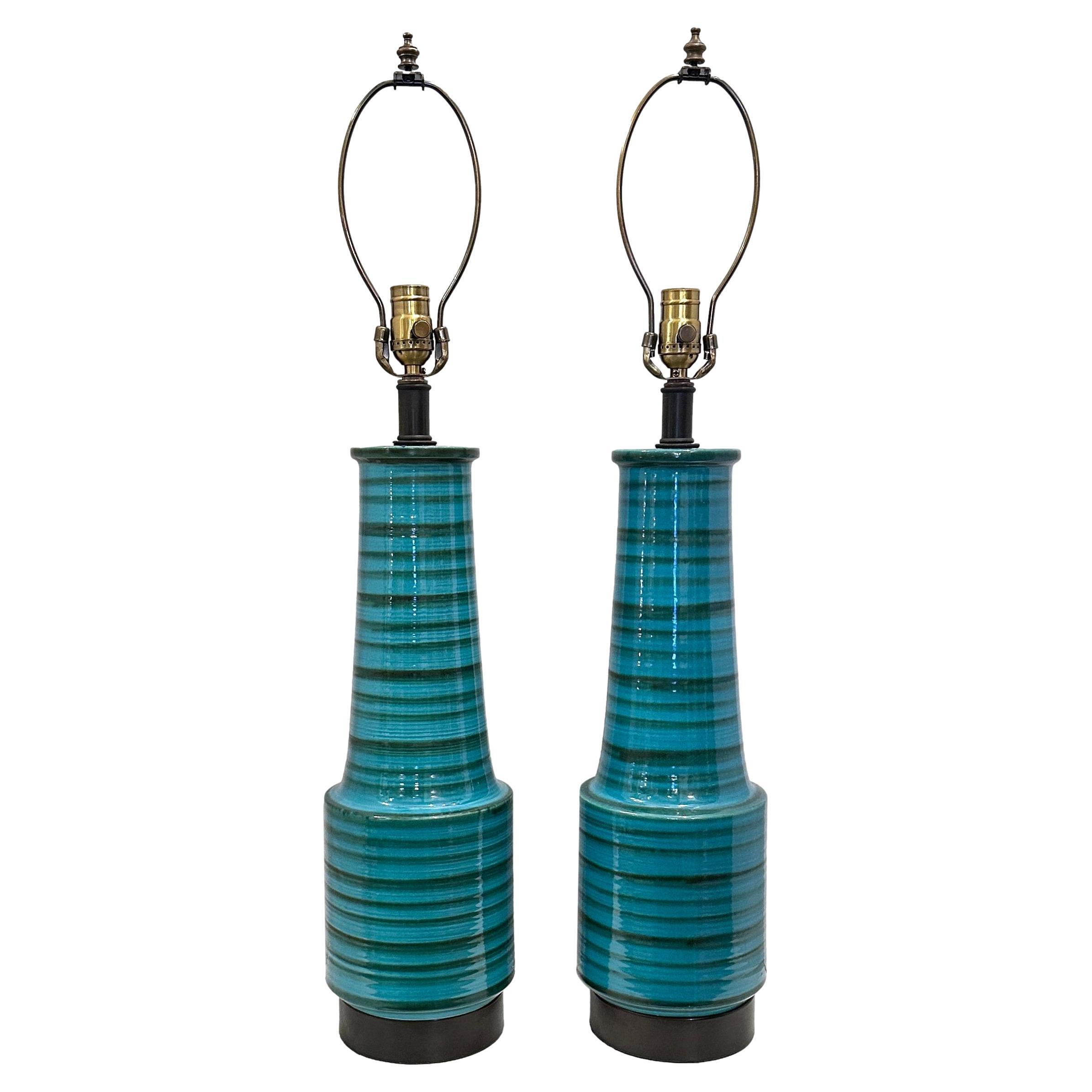 Pair of Midcentury Striped Blue Table Lamps For Sale