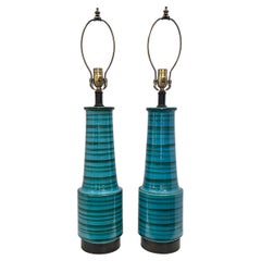 Retro Pair of Midcentury Striped Blue Table Lamps