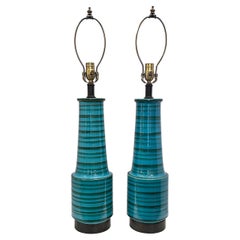 Pair of Midcentury Striped Blue Table Lamps