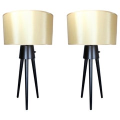 Pair of Midcentury Style Black Tripod Lamps with Champagne Shades