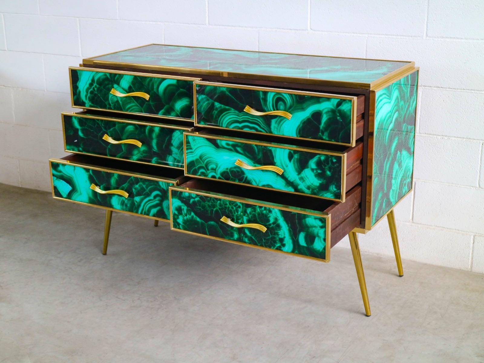 Italian Pair of Midcentury Style Brass and Malachite Colored Murano Glass Commode, 2020 For Sale