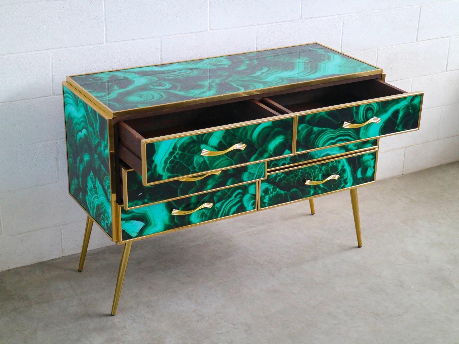 Pair of Midcentury Style Brass and Malachite Colored Murano Glass Commode, 2020 For Sale 2
