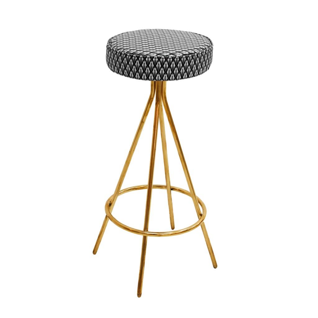 Contemporary Pair of Midcentury Style Circular Italian Bar-Stools Upholstered in Dedar Fabric For Sale