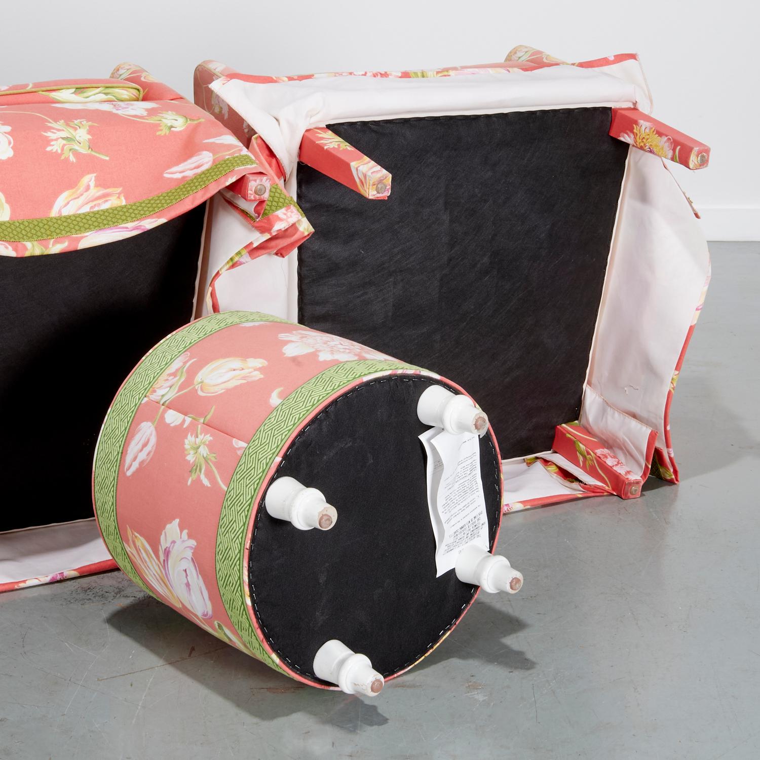Pair of Mid‑Century Style Ferrell + Mittman Chintz Club Chairs, Matching Ottoman For Sale 2