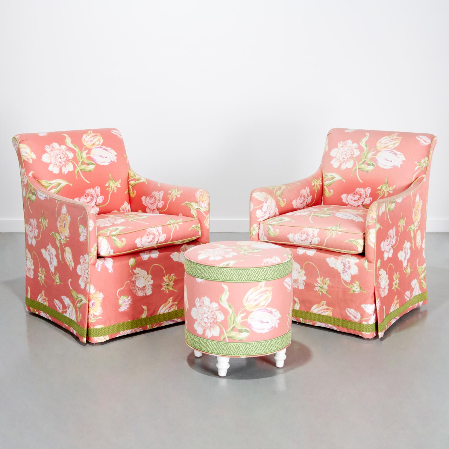 Pair of Mid‑Century Style Ferrell + Mittman Chintz Club Chairs, Matching Ottoman For Sale 3