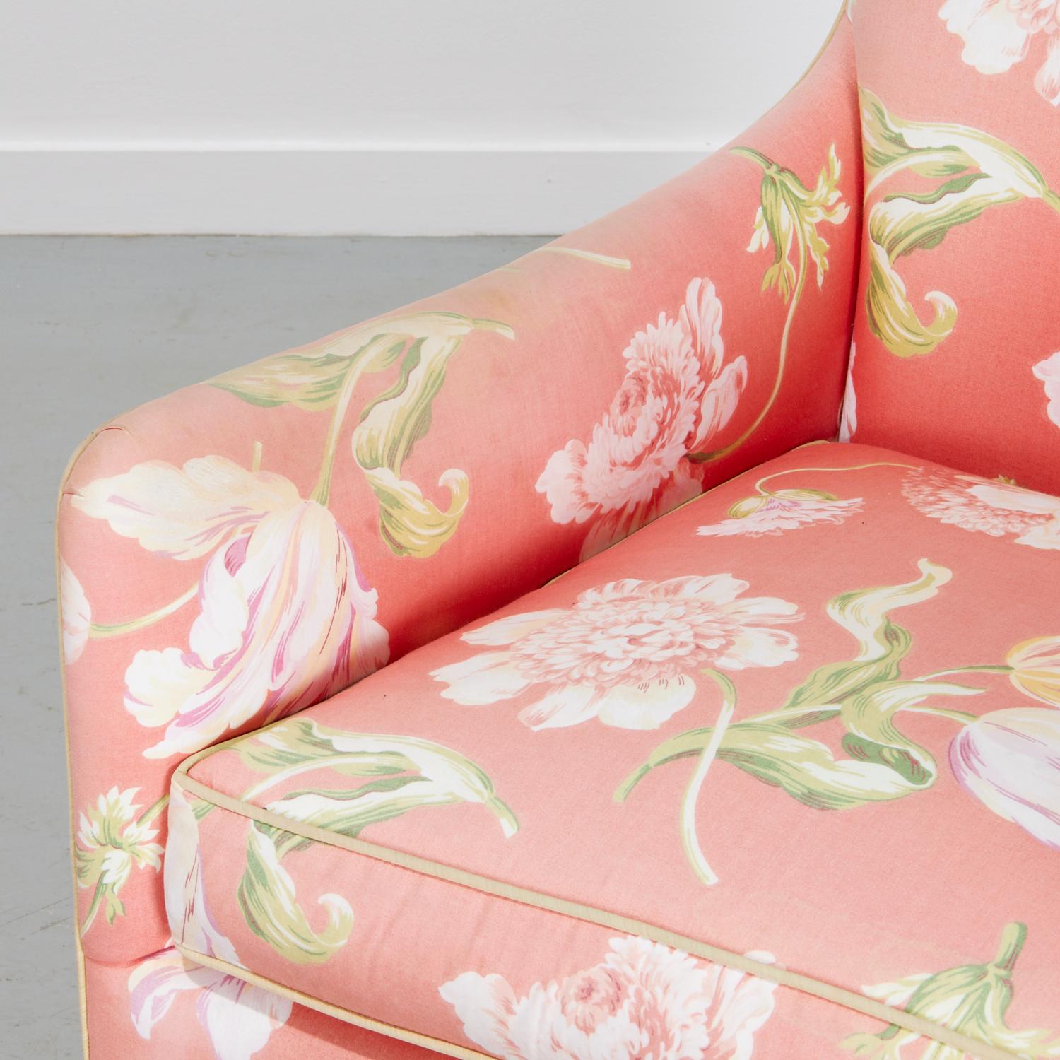 Modern Pair of Mid‑Century Style Ferrell + Mittman Chintz Club Chairs, Matching Ottoman For Sale