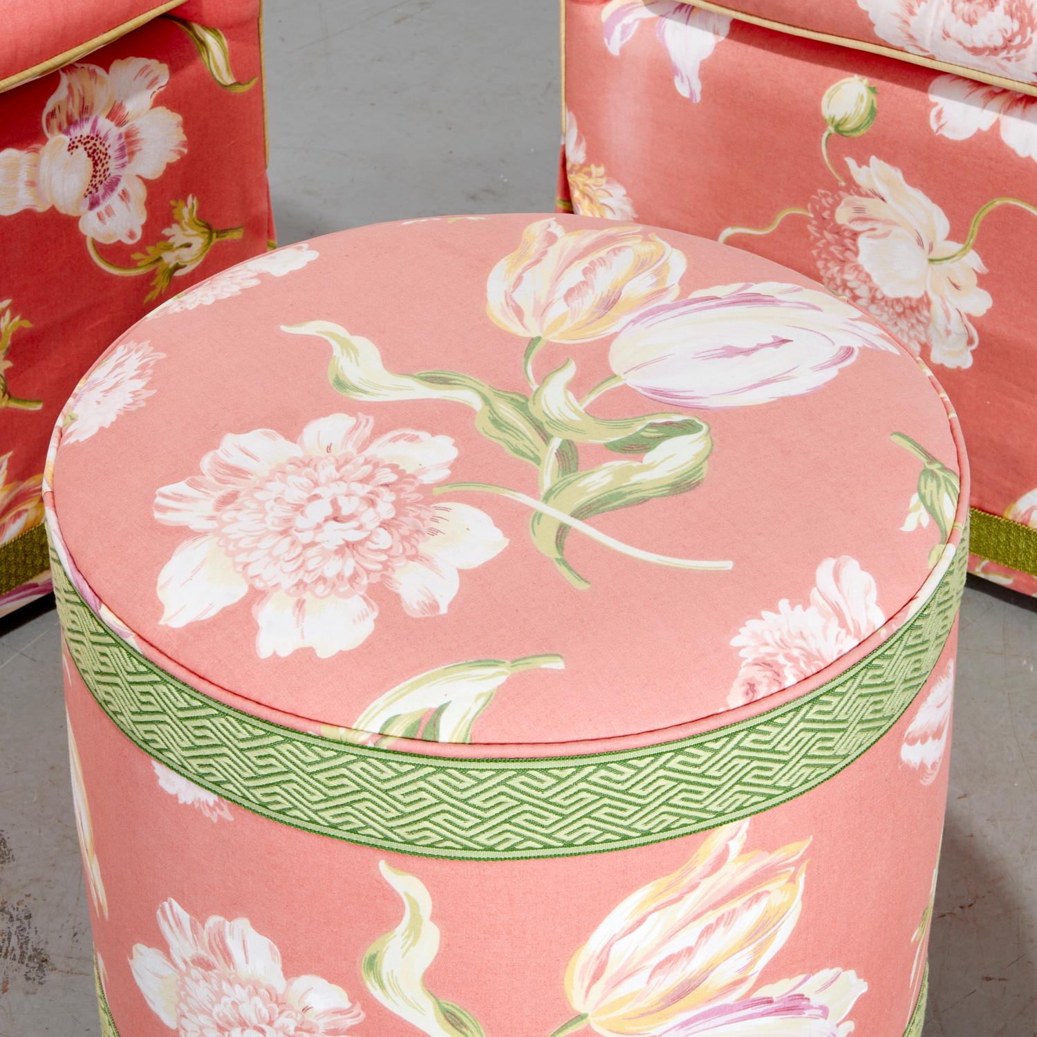 Glazed Pair of Mid‑Century Style Ferrell + Mittman Chintz Club Chairs, Matching Ottoman For Sale