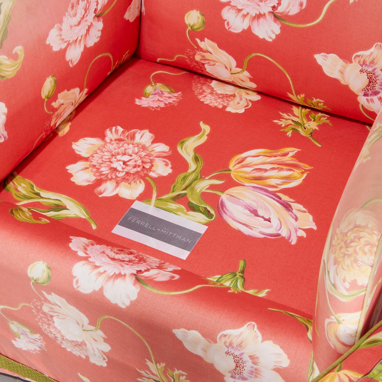 Fabric Pair of Mid‑Century Style Ferrell + Mittman Chintz Club Chairs, Matching Ottoman For Sale