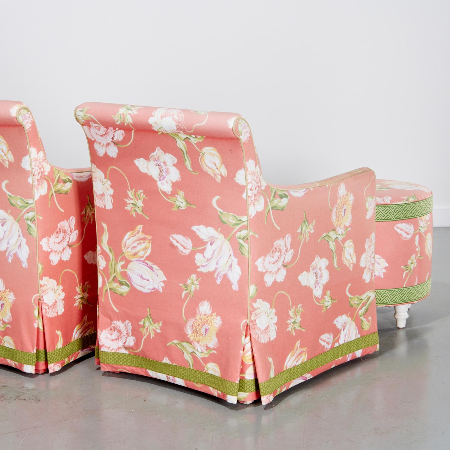 Pair of Mid‑Century Style Ferrell + Mittman Chintz Club Chairs, Matching Ottoman For Sale 1