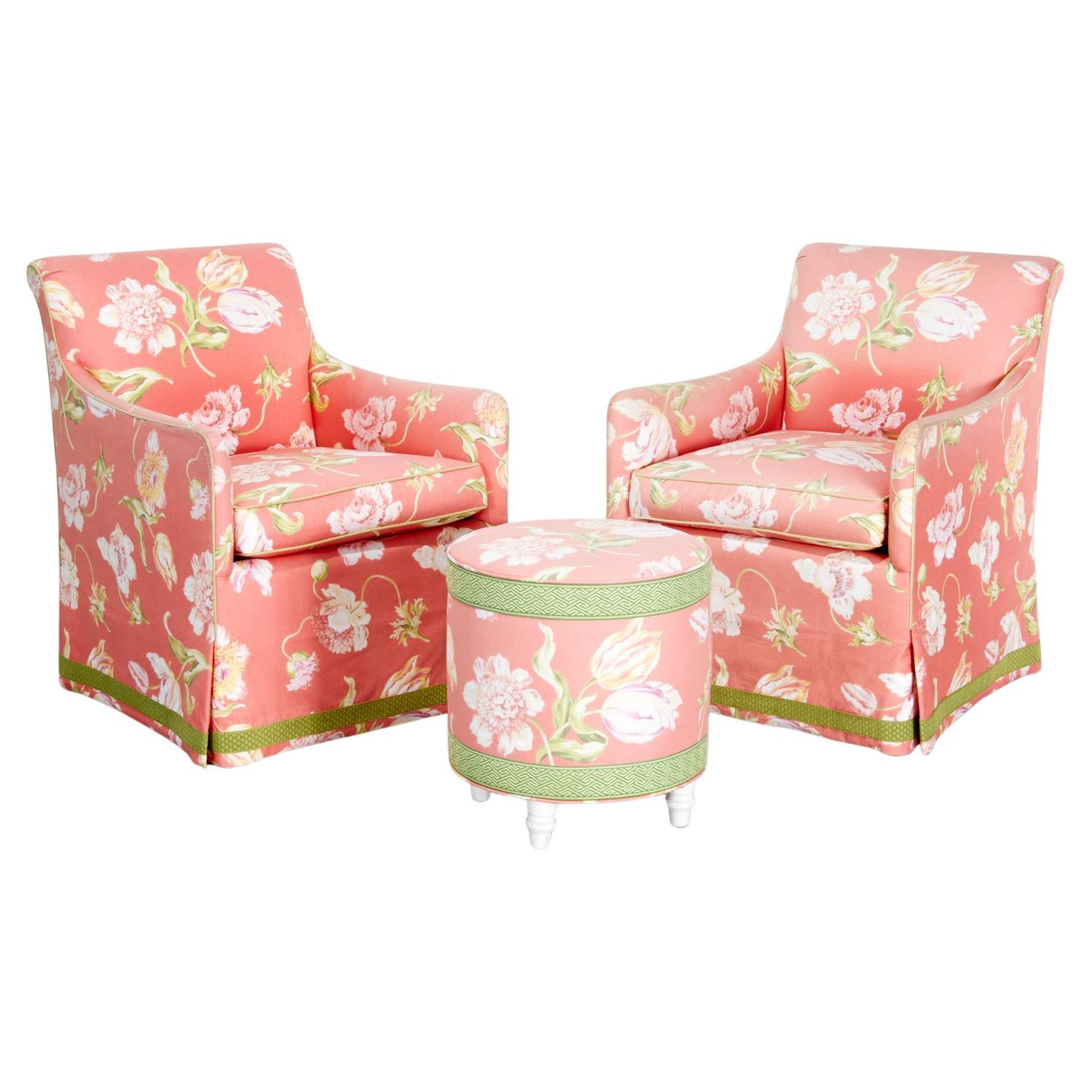 Pair of Mid‑Century Style Ferrell + Mittman Chintz Club Chairs, Matching Ottoman For Sale