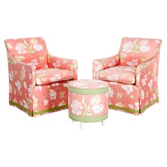 Pair of Mid‑Century Style Ferrell + Mittman Chintz Club Chairs, Matching Ottoman