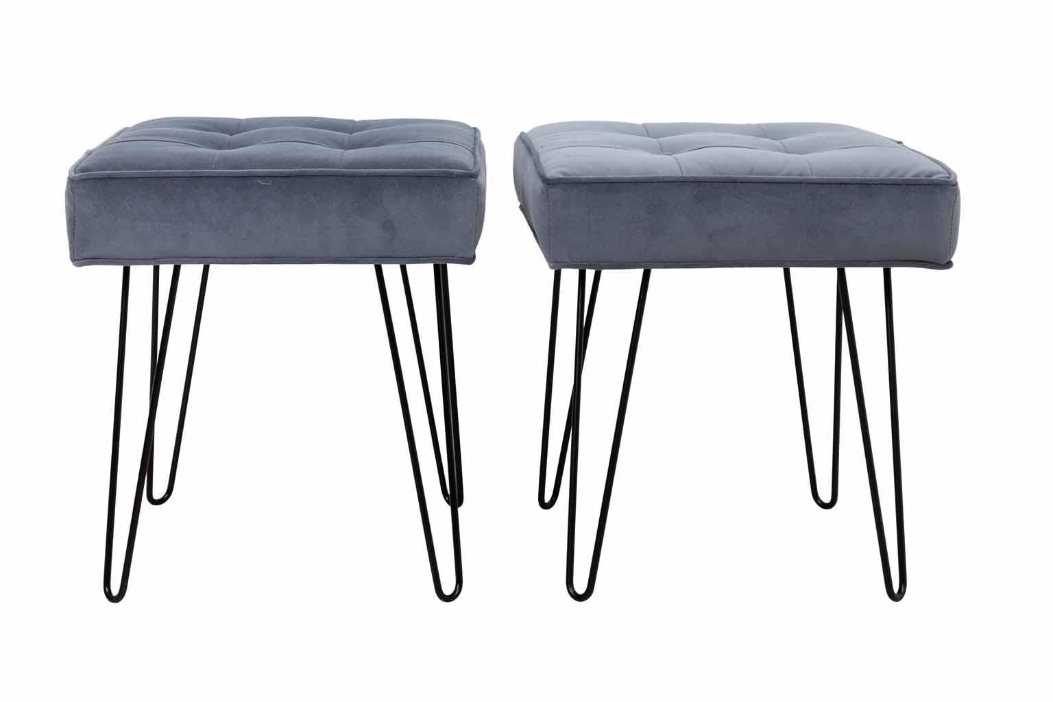 Circa 21st century pair of Mid-Century Modern style newly made upholstered benches with satin black hairpin shaped legs and new velvet upholstered seats. Price is for the pair. Made in the United States. Good overall condition. Ready today, Quick