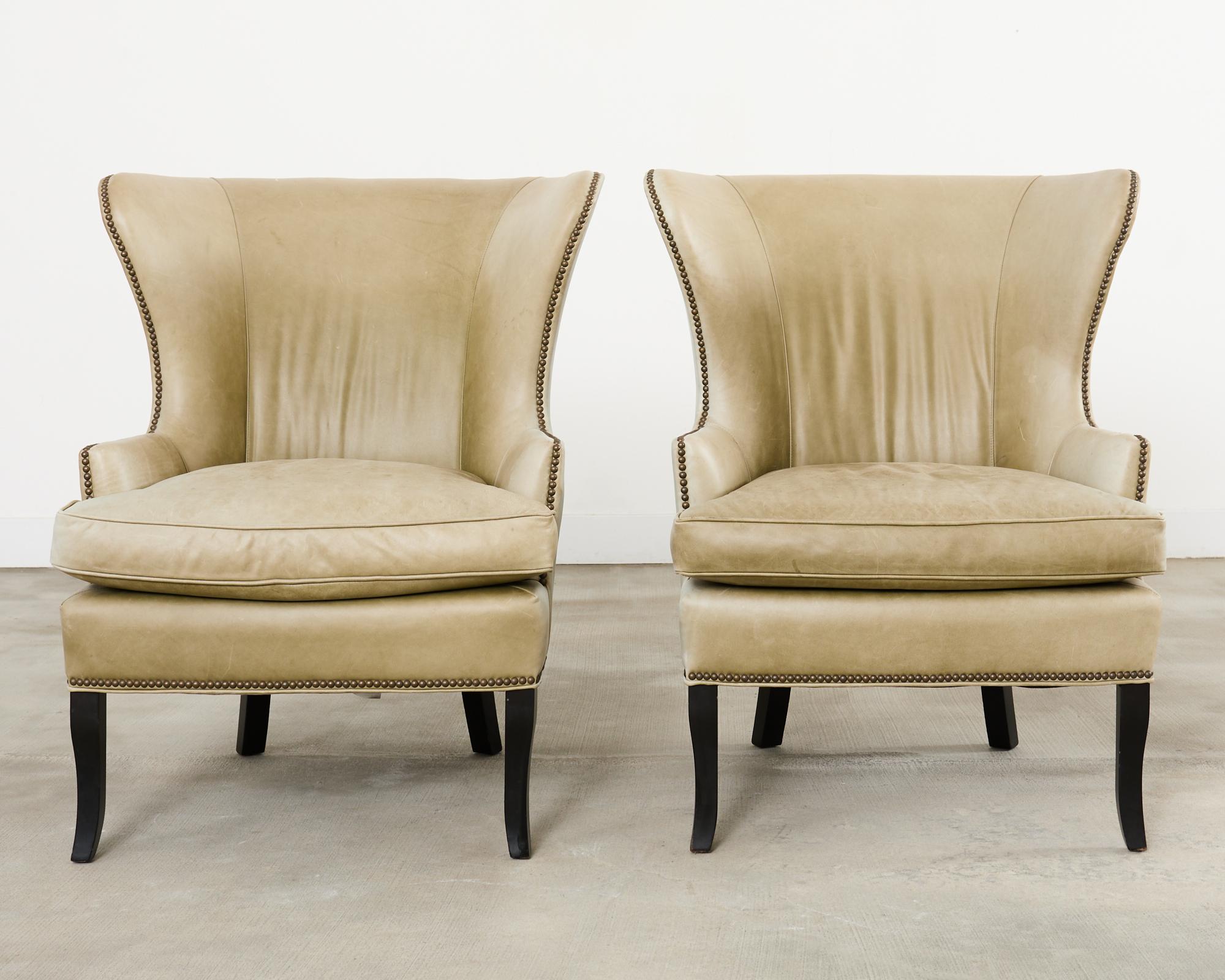 Mid-Century Modern Pair of Midcentury Style Leather Butterfly Wingback Chairs For Sale