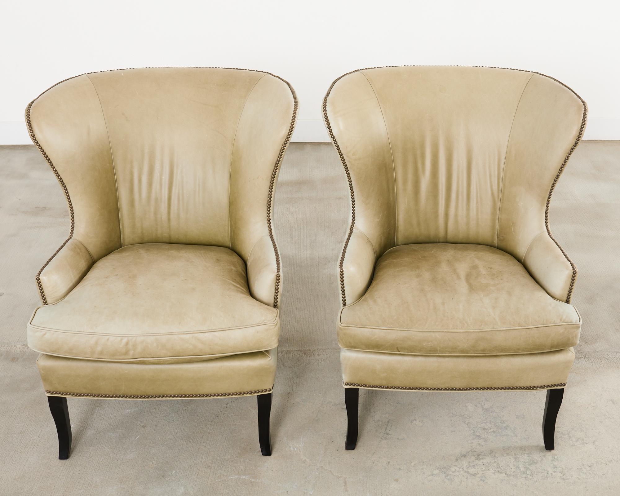 American Pair of Midcentury Style Leather Butterfly Wingback Chairs For Sale