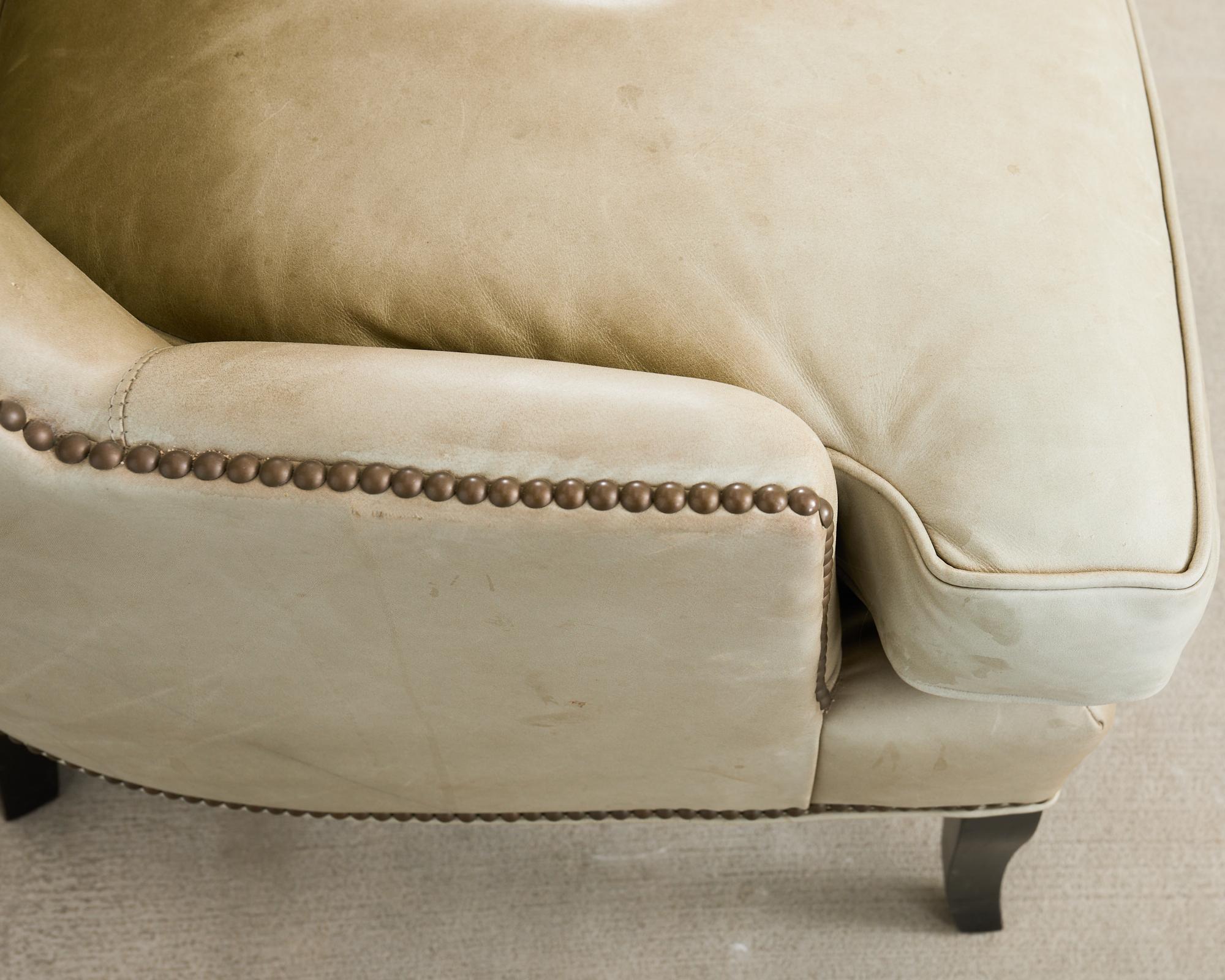 Hand-Crafted Pair of Midcentury Style Leather Butterfly Wingback Chairs For Sale