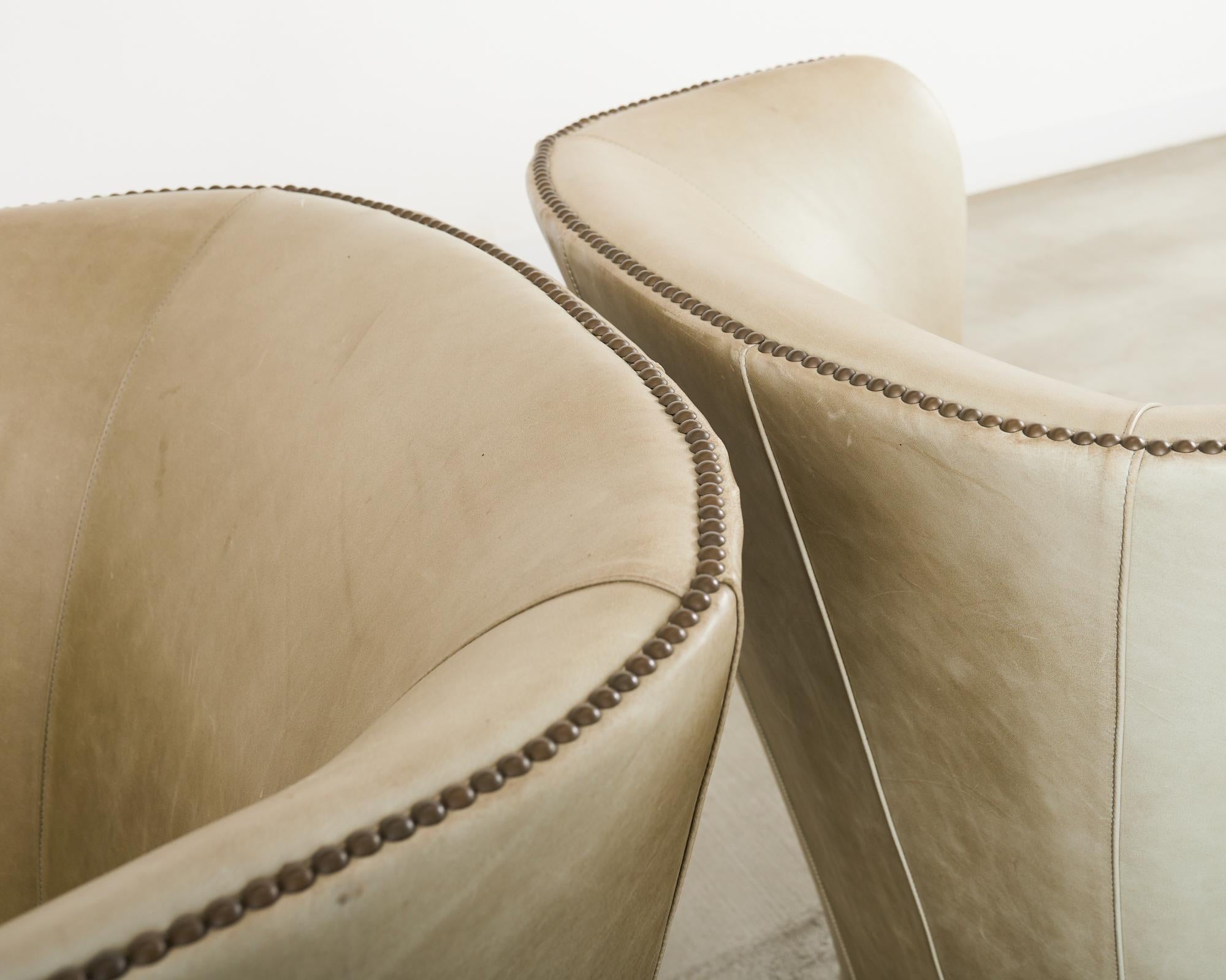 Brass Pair of Midcentury Style Leather Butterfly Wingback Chairs For Sale