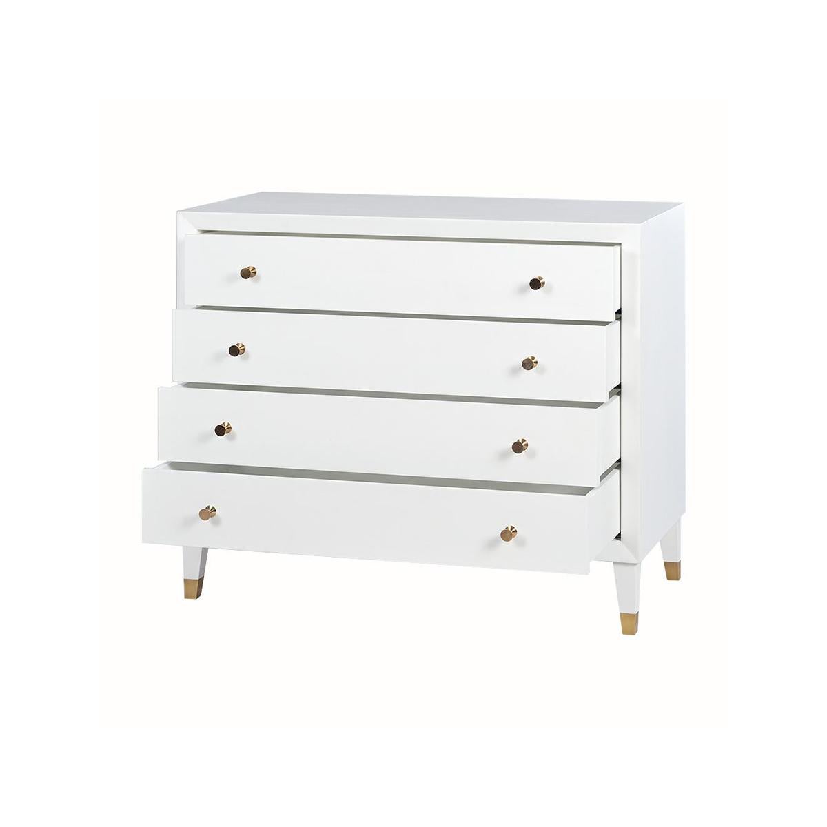 Introducing our gorgeous Mid-Century style painted dresser, a chest that will bring a touch of modern elegance to any space. The chest boasts a stunning satin-painted ghost-white finish that is sure to captivate the eye.

With four spacious