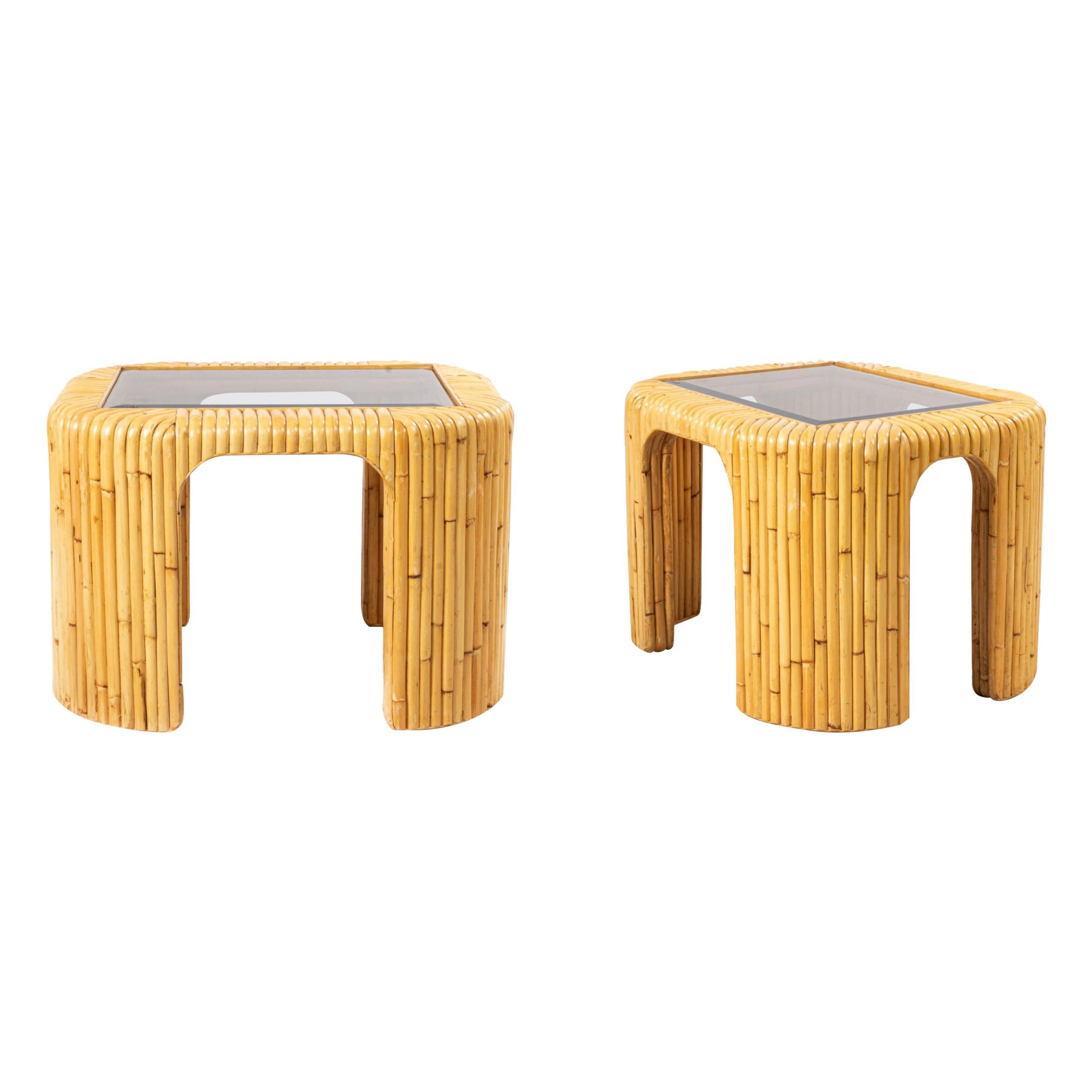 Pair of Midcentury Style Rattan and Smoked Glass Side Tables