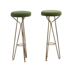 Pair of Midcentury Style Stools Italian Design Brass Gold Solid Green Velvet