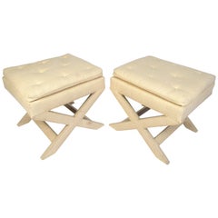 Pair of Midcentury Style X-Base Upholstered Ottomans