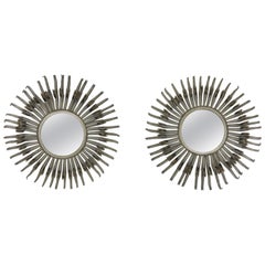 Used Pair of Midcentury Sunburst / Soleil Mirrors, Silver with Golden Bronze Accents