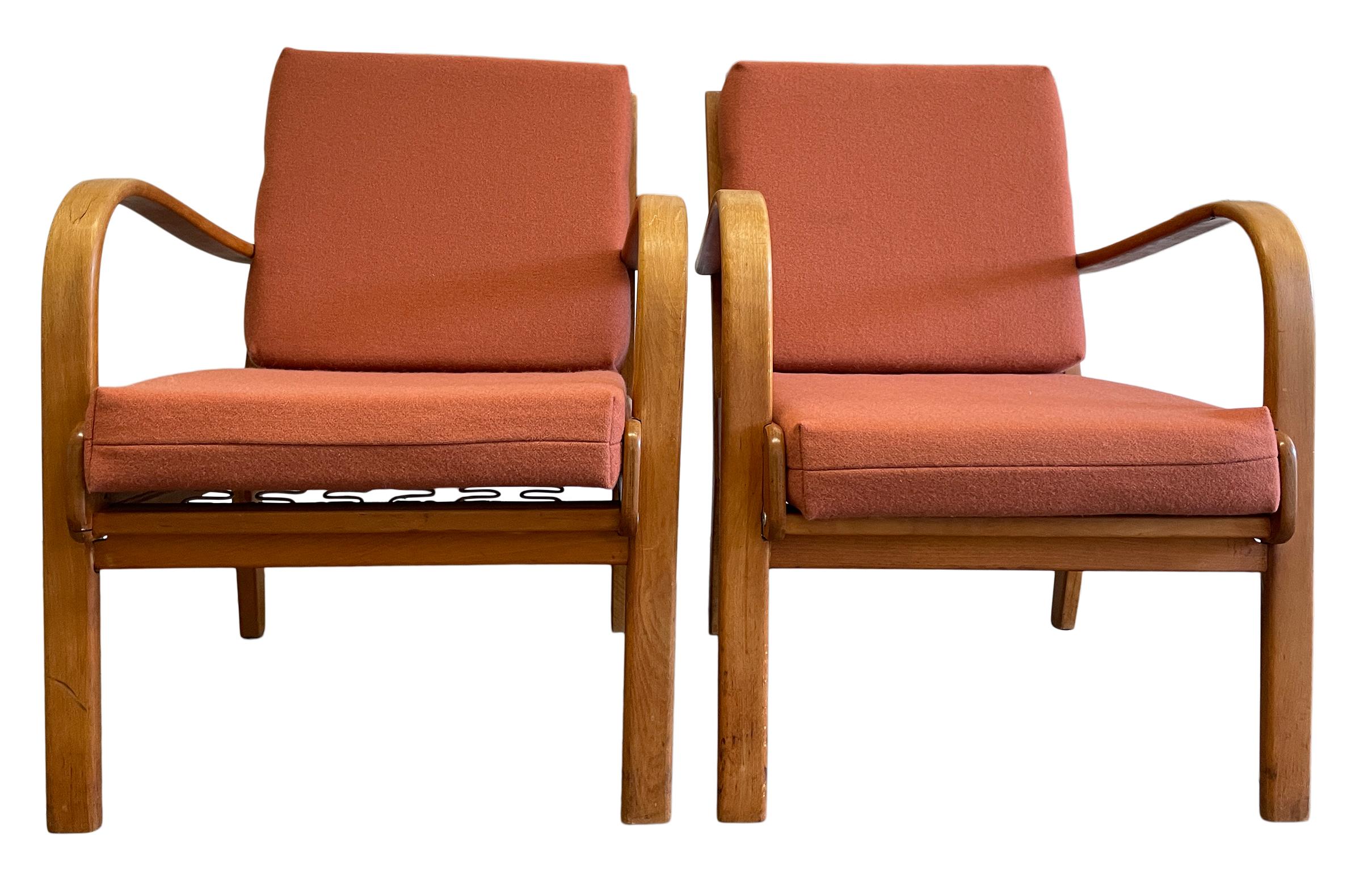 Pair of original rare Swedish all blonde low lounge chairs with wool Velvet. Solid birch bentwood frames with slatted back and all new wool peach upholstery. Original vintage condition. Frames are solid birch. Made In Sweden. Very rare set of 2