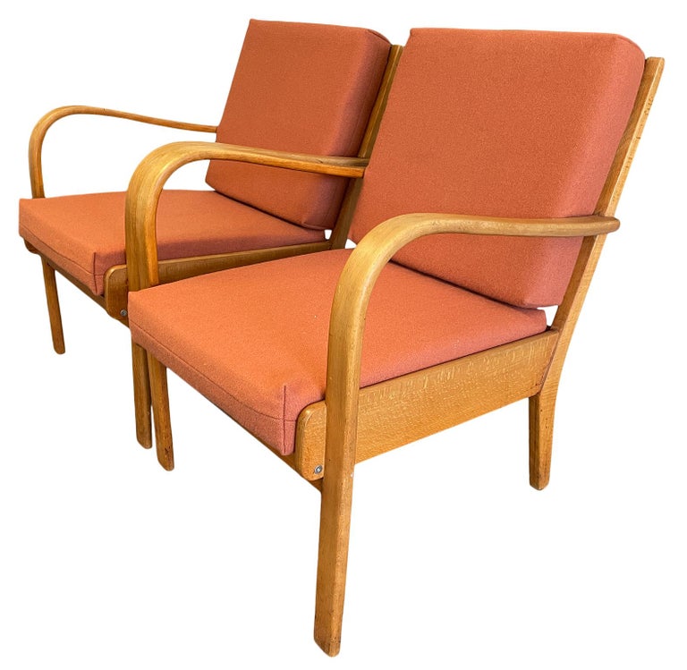 Pair of Midcentury Swedish Low Bent Wood Arm Chairs Lounge Chairs For