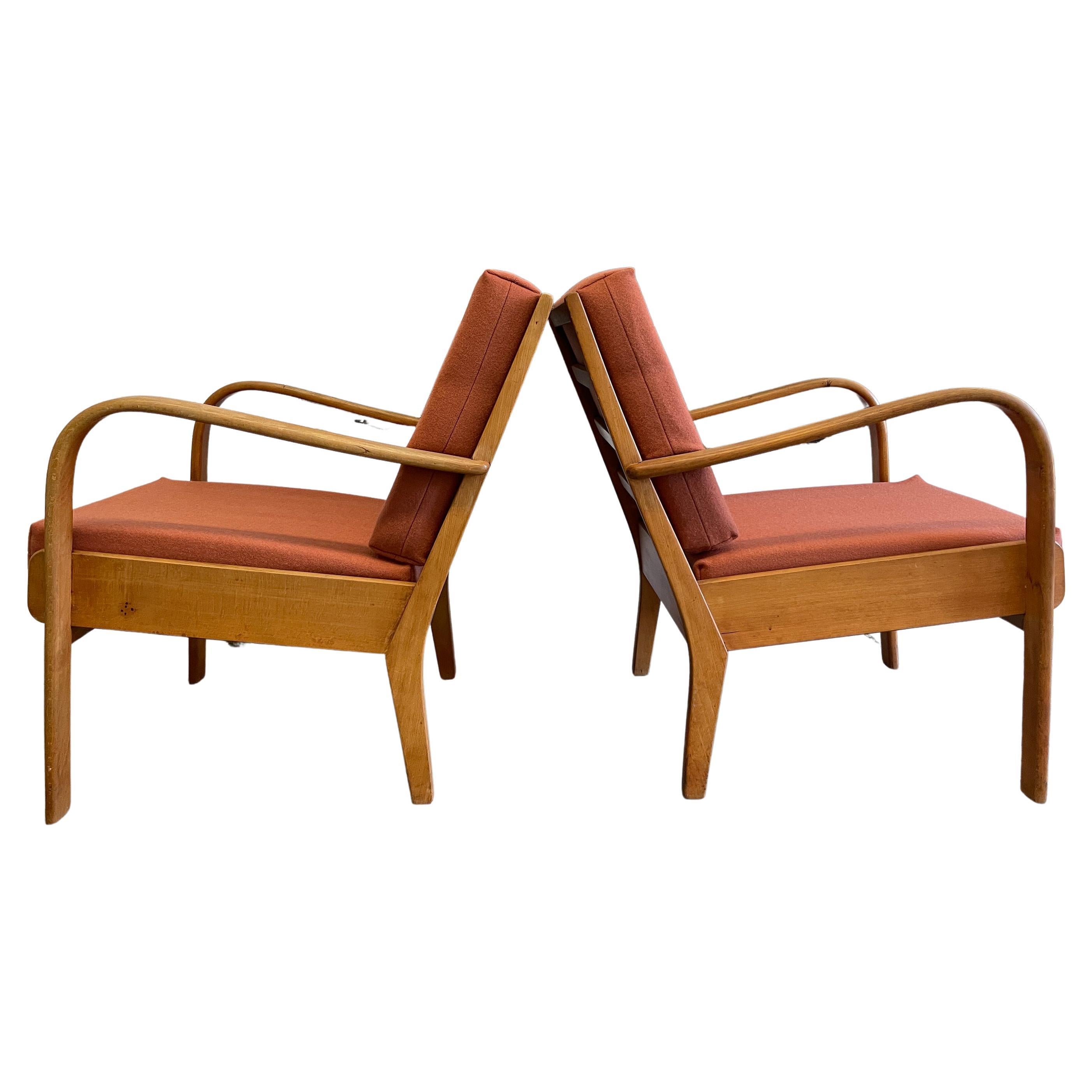 Pair of Midcentury Swedish Low Bent Wood Arm Chairs Lounge Chairs For Sale