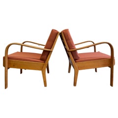 Pair of Midcentury Swedish Low Bent Wood Arm Chairs Lounge Chairs