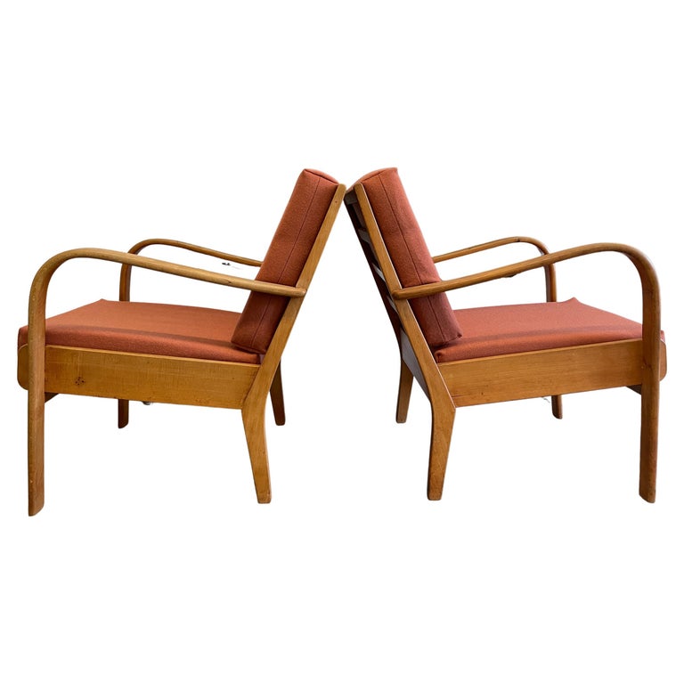 Pair of Midcentury Swedish Low Bent Wood Arm Chairs Lounge Chairs For