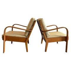 Pair of Midcentury Swedish Low Bent Wood leather Arm Chairs Lounge Chairs