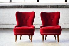 Pair of Midcentury Swedish Slipper Chairs in Mahogany and Red Velvet, circa 1950