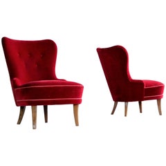 Pair of Midcentury Swedish Slipper Chairs in Mahogany and Red Velvet, circa 1950