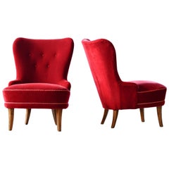 Pair of Midcentury Swedish Slipper Chairs in Mahogany and Red Velvet, circa 1950