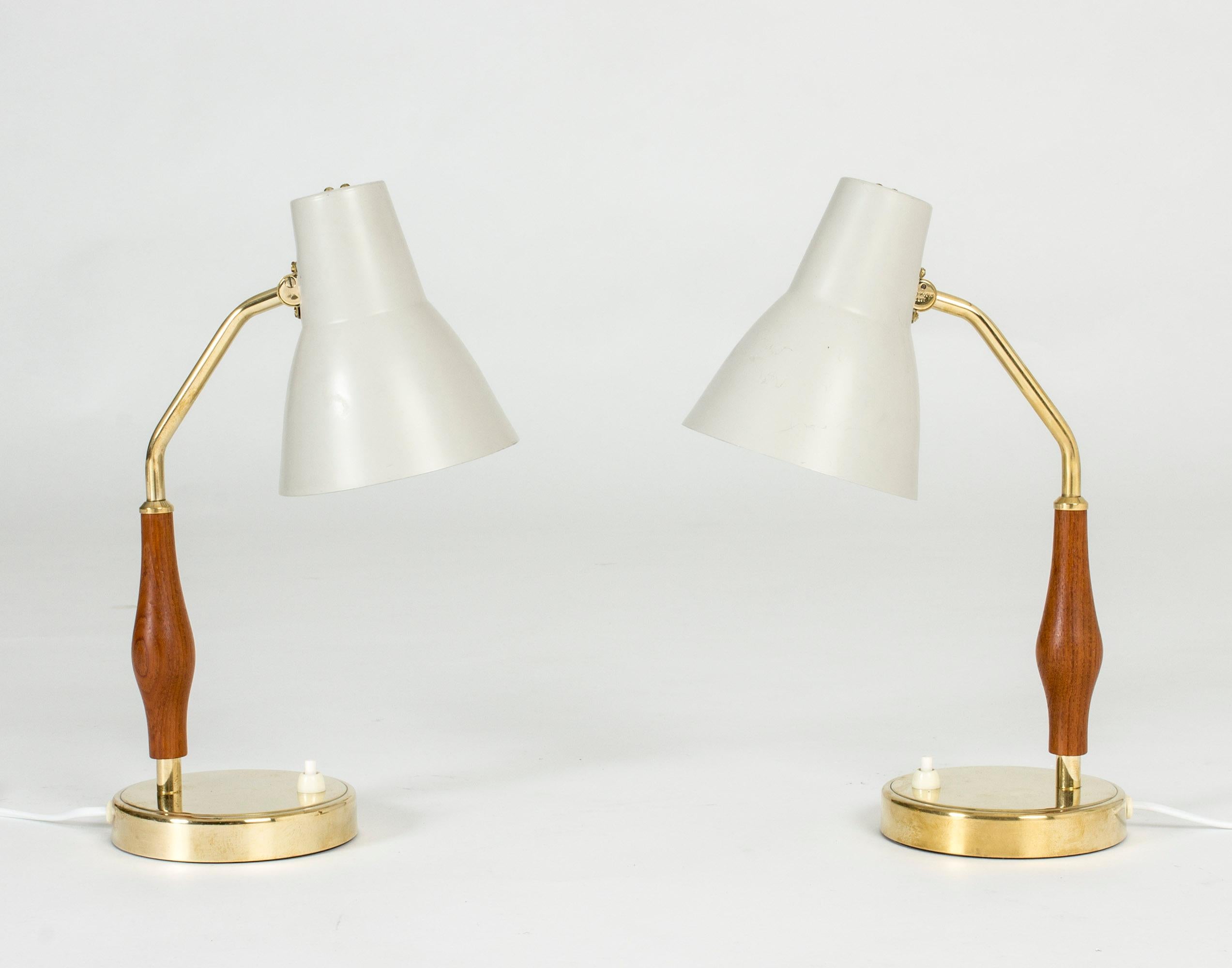 Neat pair of table lamps by Hans Bergström. Grey lacquered metal shades, brass base and sculpted teak handles.