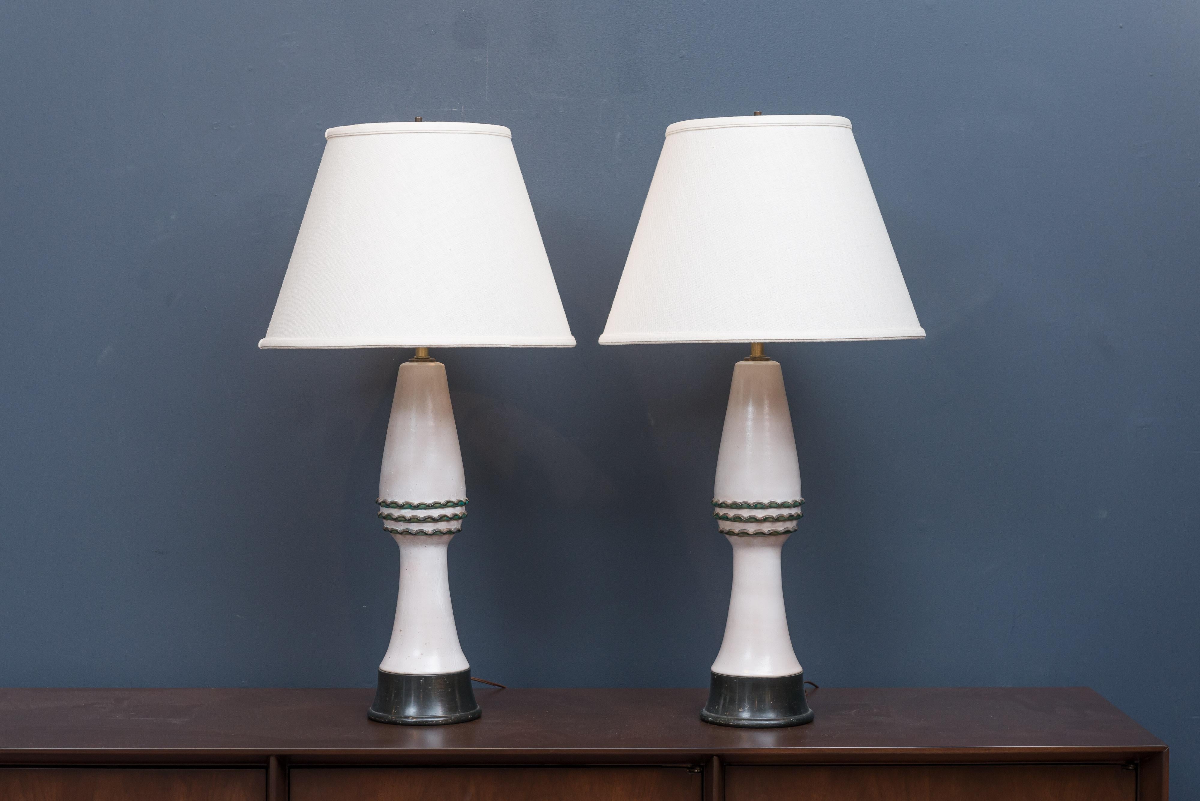 Pair of midcentury ceramic table lamps by Wilshire House, Los Angeles.
