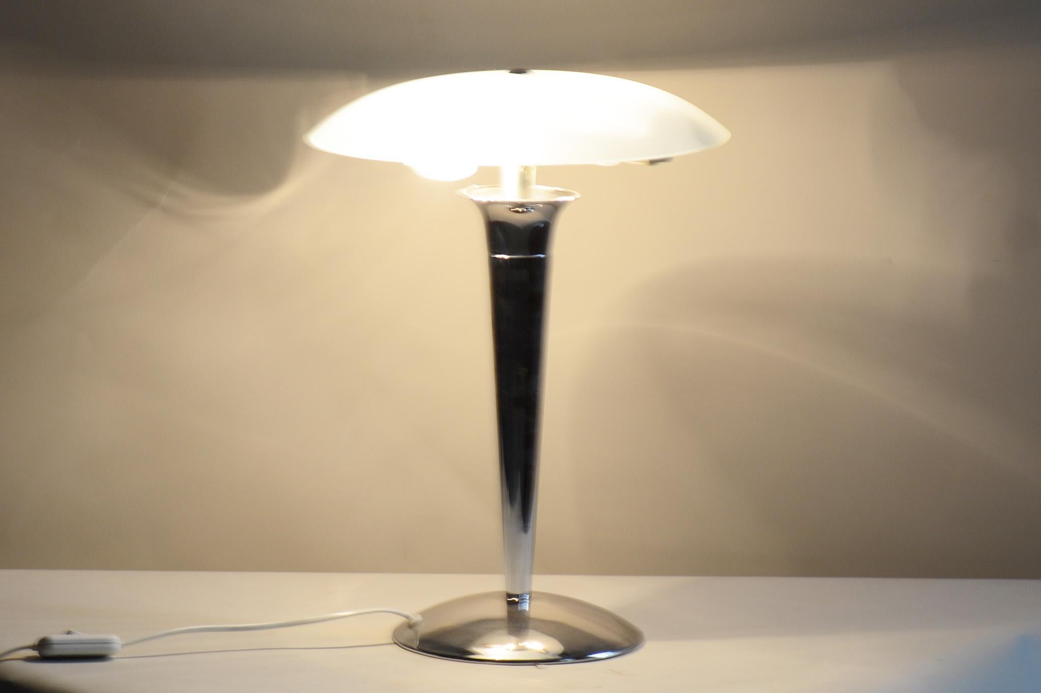 Mid-Century Modern Pair of Midcentury Table Lamps, Chrome-Plated Steel, Milk Glass, Germany, 1950s For Sale