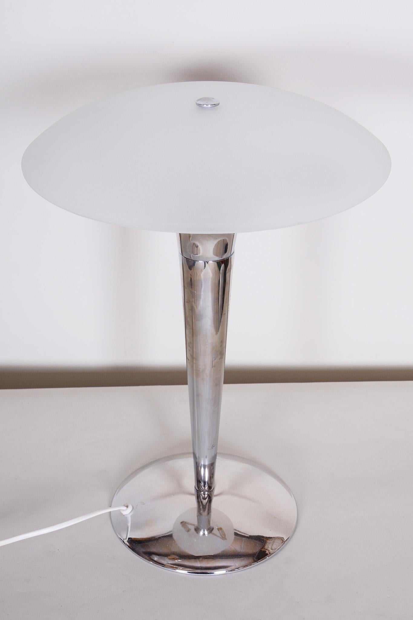 Metal Pair of Midcentury Table Lamps, Chrome-Plated Steel, Milk Glass, Germany, 1950s For Sale