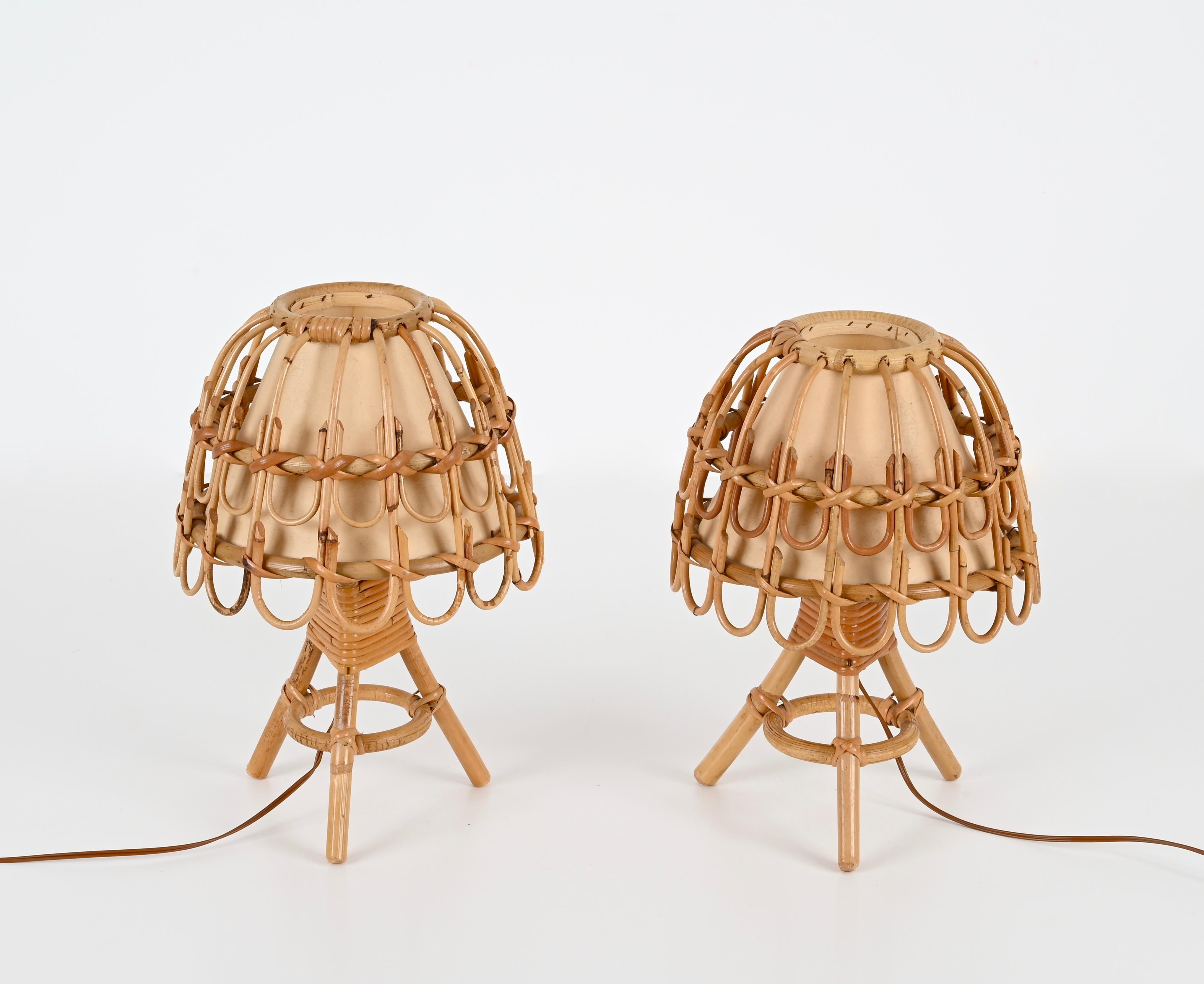Pair of Midcentury Table Lamps in Rattan and Wicker, Louis Sognot, France, 1960s 8