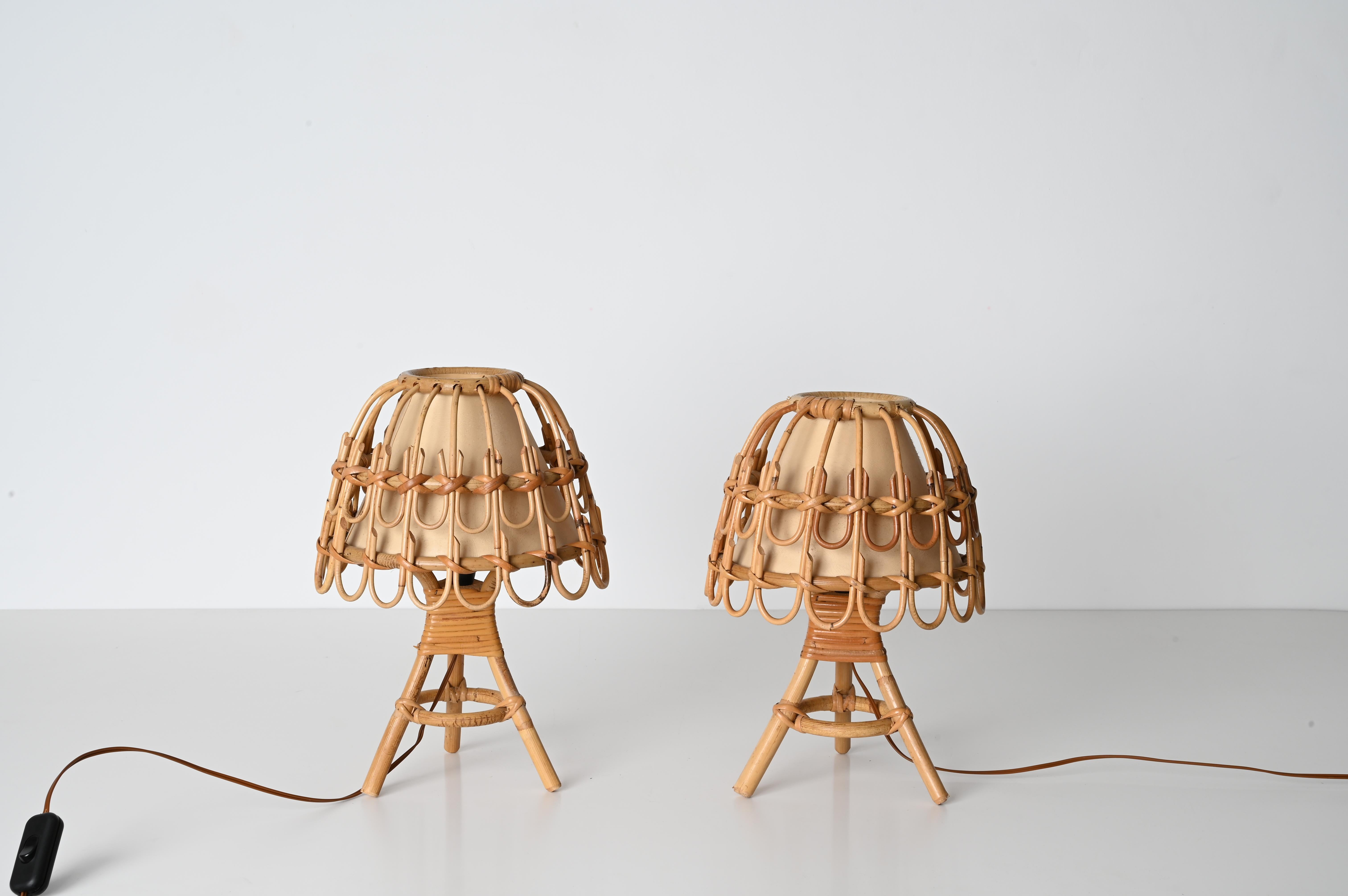 Pair of Midcentury Table Lamps in Rattan and Wicker, Louis Sognot, France, 1960s 10