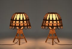 Pair of Midcentury Table Lamps in Rattan and Wicker, Louis Sognot, France, 1960s