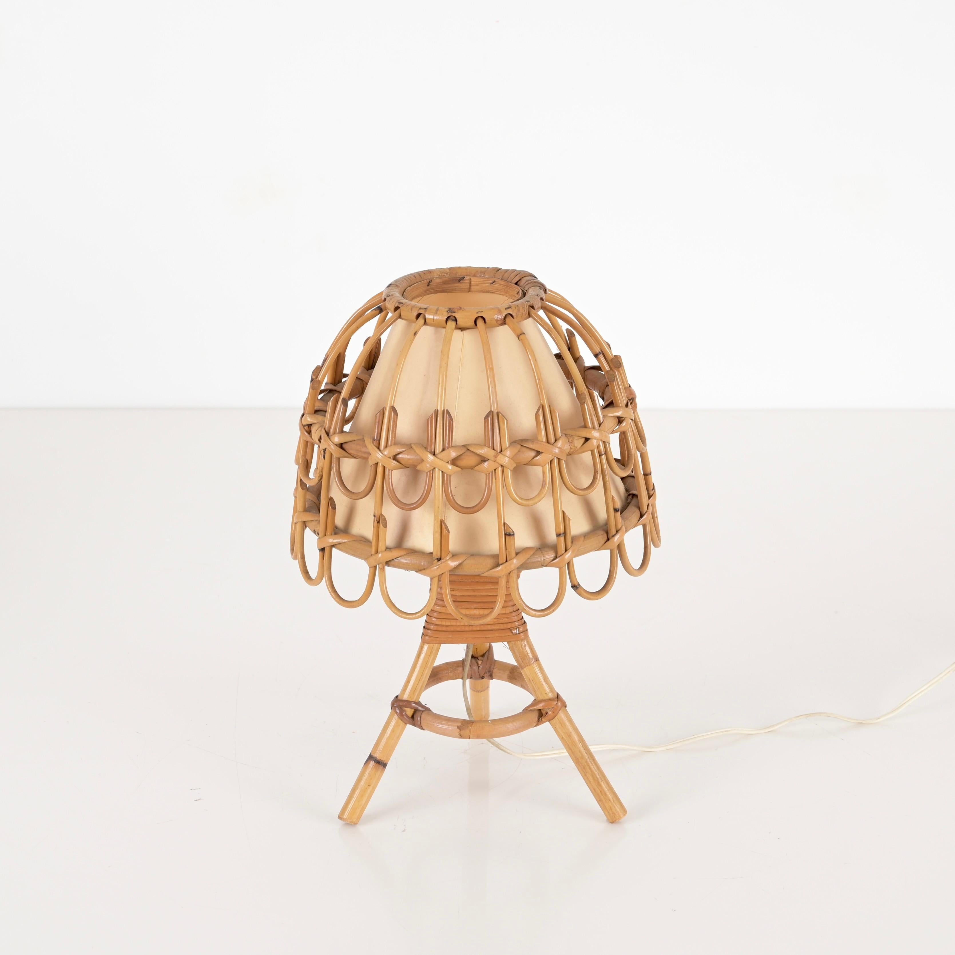 French Pair of Midcentury Table Lamps in Rattan and Wicker, Louis Sognot, France, 1960s