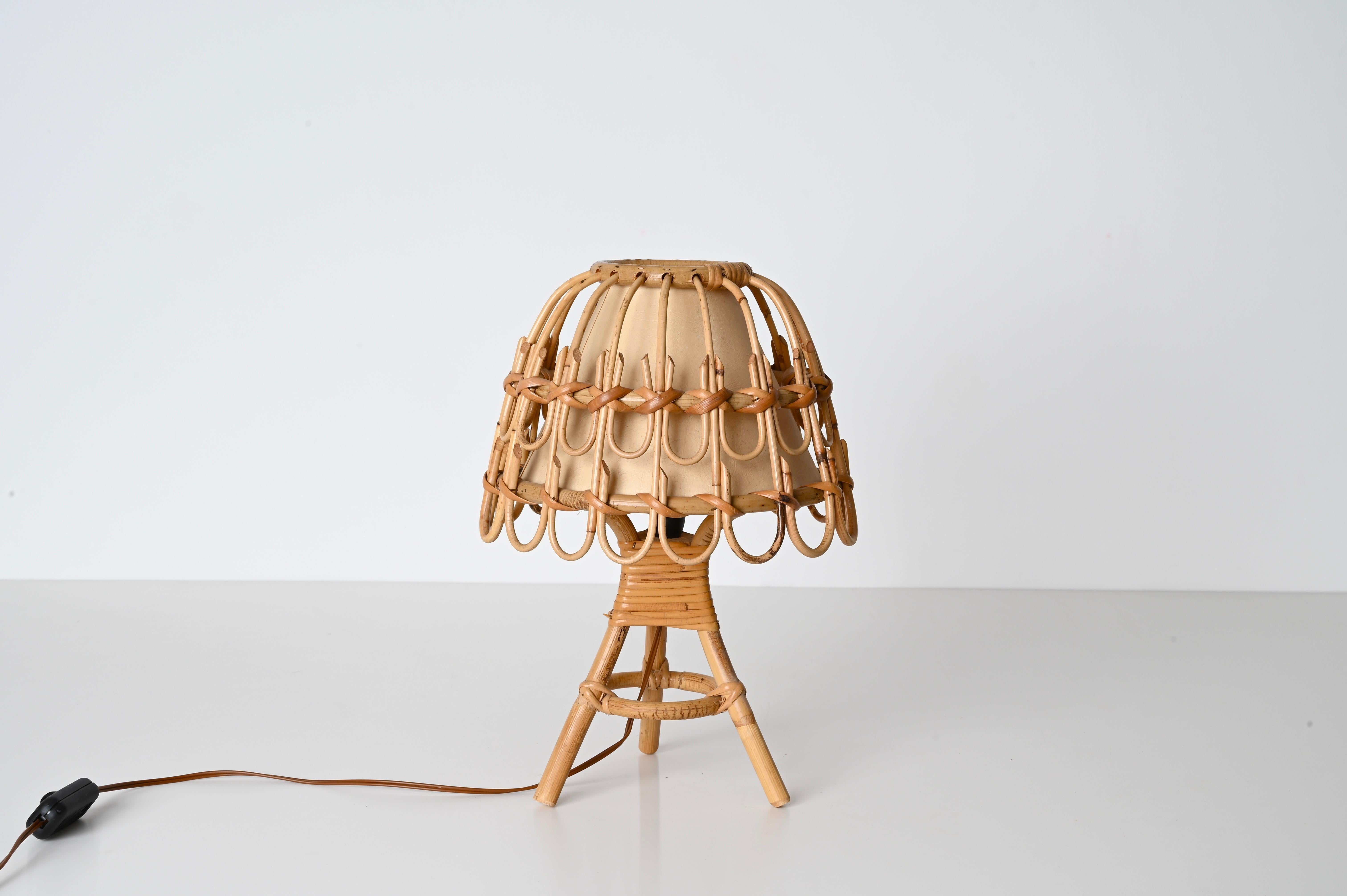 French Pair of Midcentury Table Lamps in Rattan and Wicker, Louis Sognot, France, 1960s