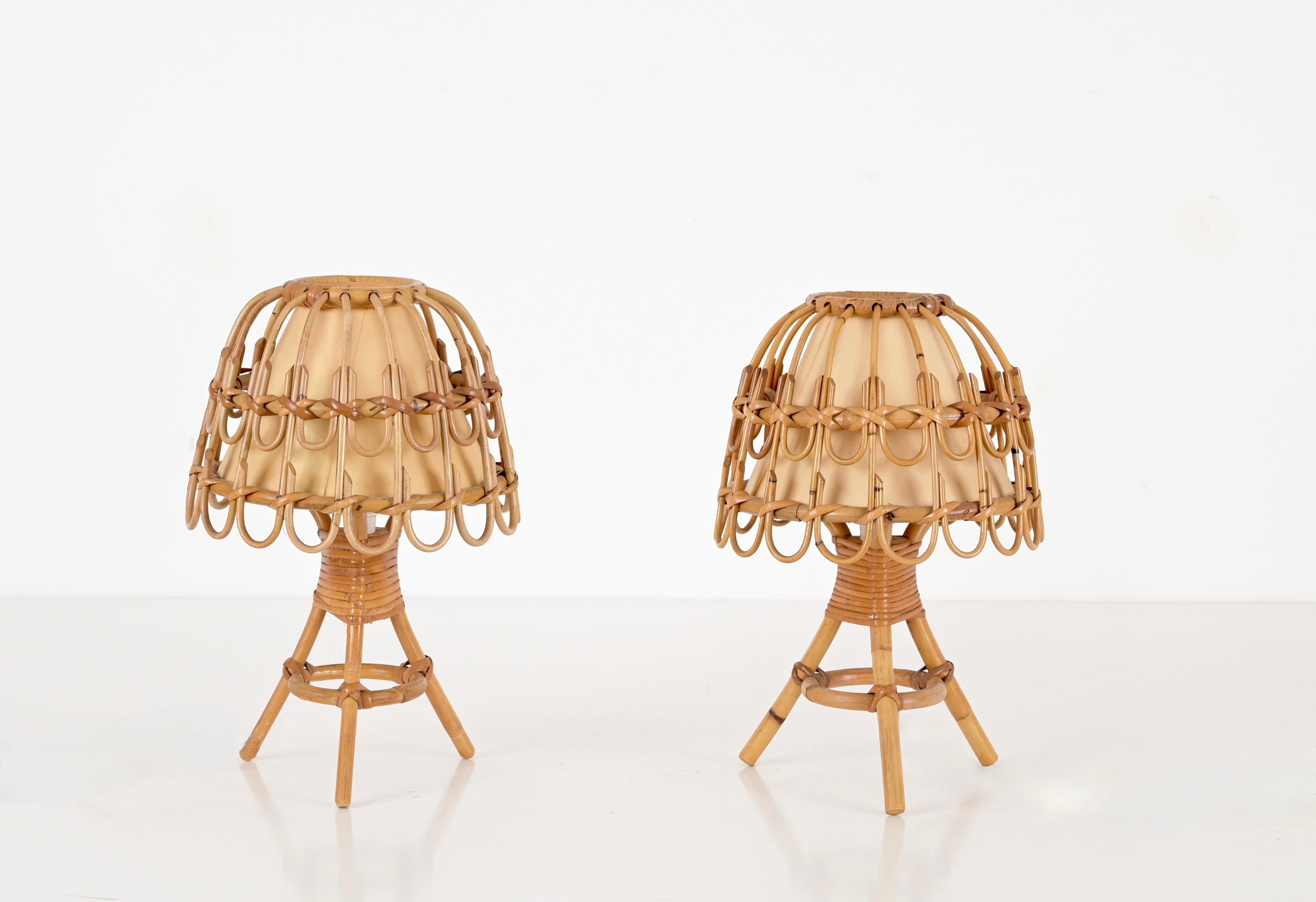 Pair of Midcentury Table Lamps in Rattan and Wicker, Louis Sognot, France, 1960s In Good Condition In Roma, IT