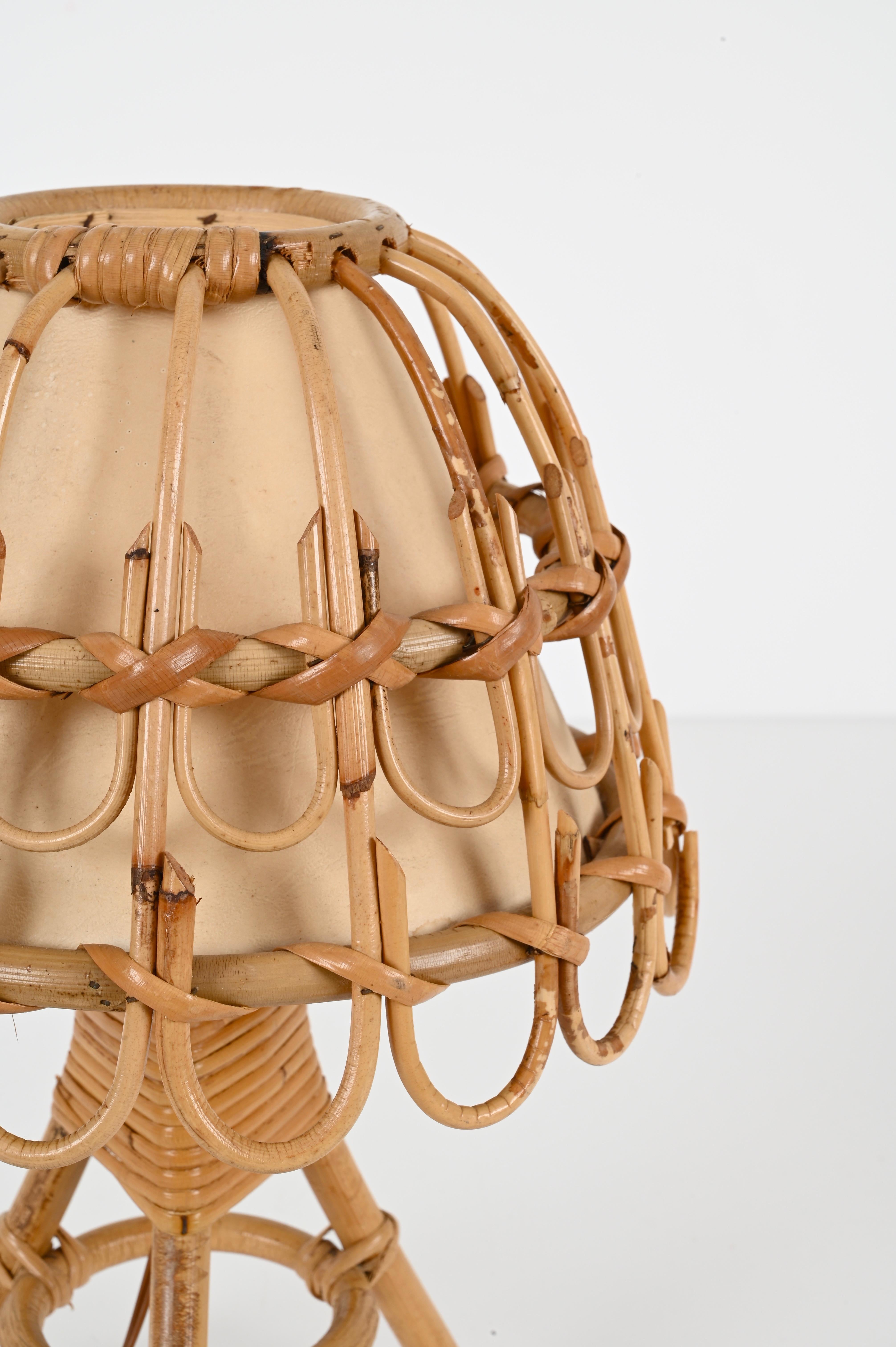 Pair of Midcentury Table Lamps in Rattan and Wicker, Louis Sognot, France, 1960s In Good Condition In Roma, IT