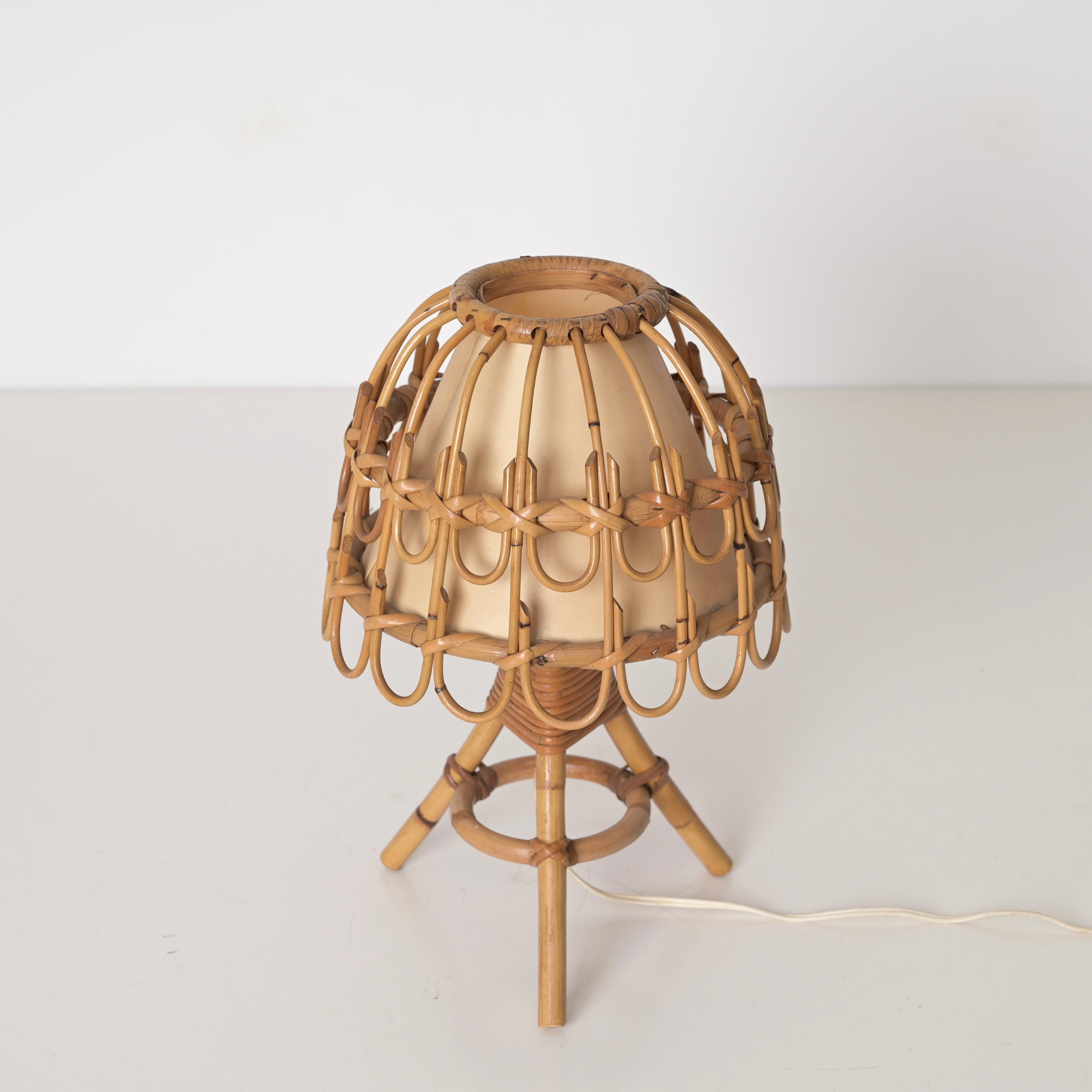 Bamboo Pair of Midcentury Table Lamps in Rattan and Wicker, Louis Sognot, France, 1960s